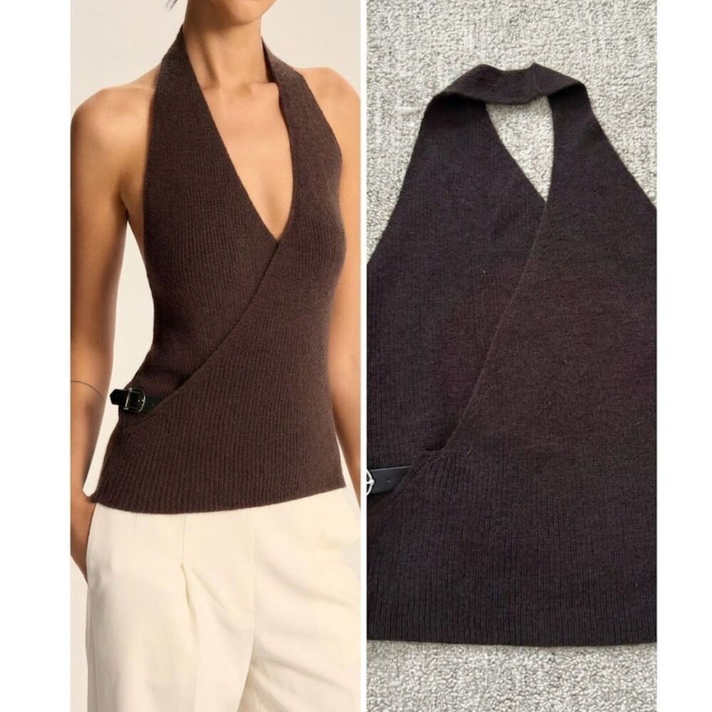 NWT Commense Brown Wrap Halter Top with Buckle Detail Minimalist Dark Academia